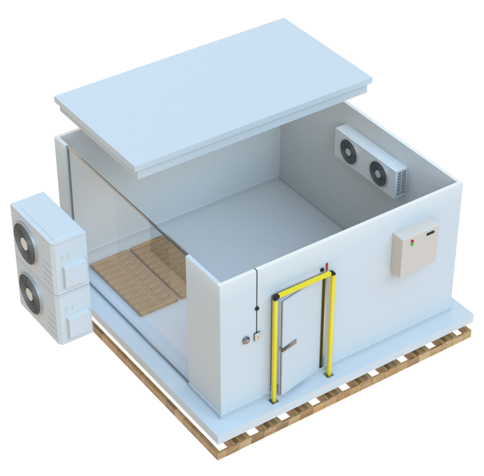 Cold Room parts and equipment diagram showing condensing unit, unit cooler, controller, safety devices and heater system